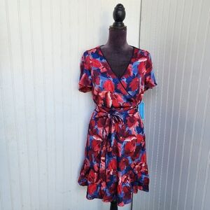 NWT $50 Draper James Flutter Sleeve Dress Blue Red Floral Women's Satin Sz XS